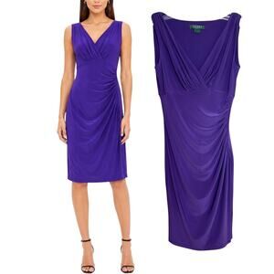 Lauren Ralph Lauren Women's Midi Ruched Sleeveless Cocktail Dress Size 2 Purple